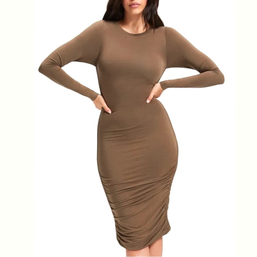 Good American Ruched Long Sleeve Knee Length Dress Olive Green Brown Size L NWT